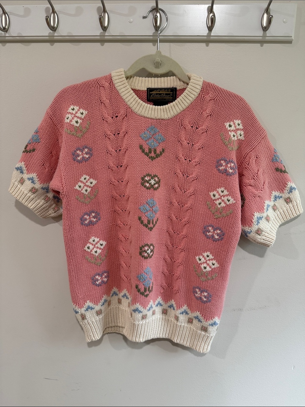 Eddie Bauer Vintage Pink Floral Cable-Knit Short Sleeve Sweater with Cream Trim